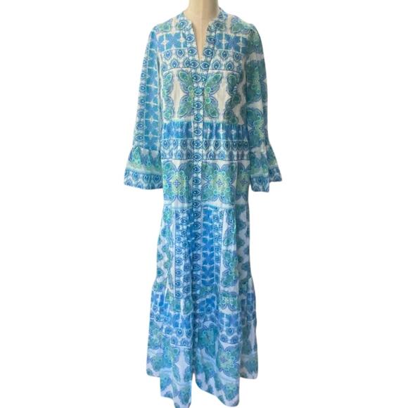 HALE BOB Long cotton pin tuck  Blue and Green Patterned Maxi Dress Size SMALL - Picture 10 of 10